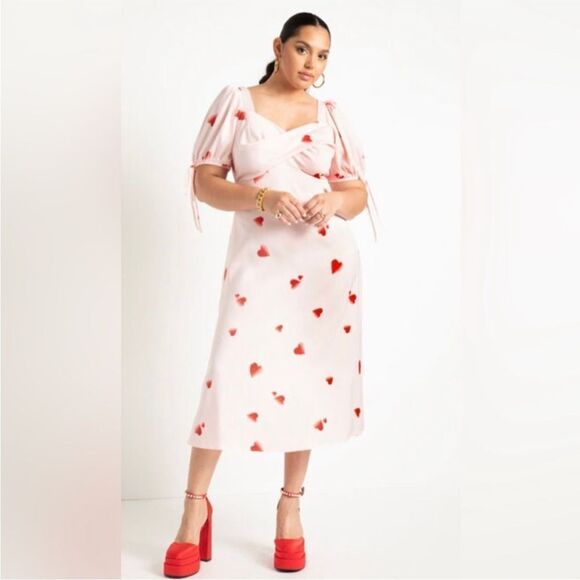 ELOQUII Puff  Sleeve  Heart Dress Satin Pink /Red Size 18 NWT - Picture 1 of 14